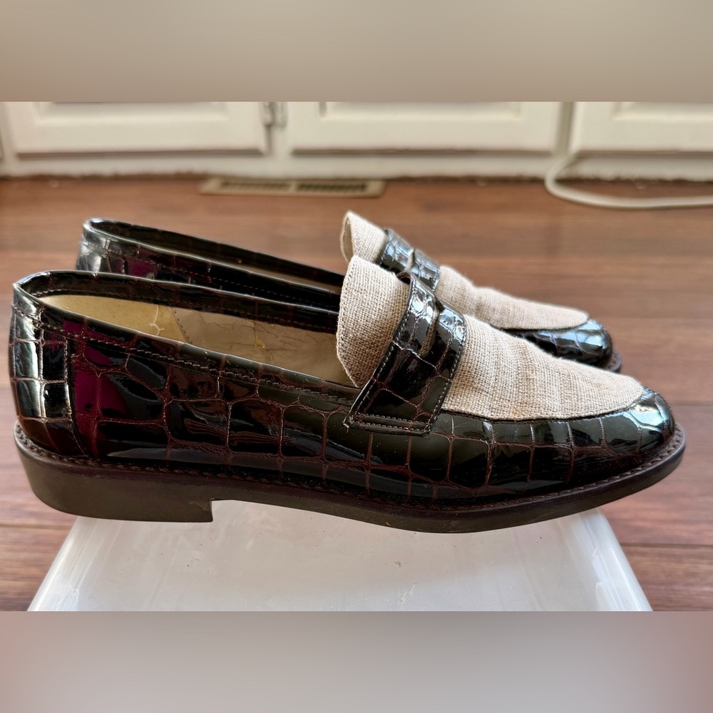 Bandolino Croc Patent & Linen Penny Loafers Brown Preppy Size 6.5 - Picture 2 of 4